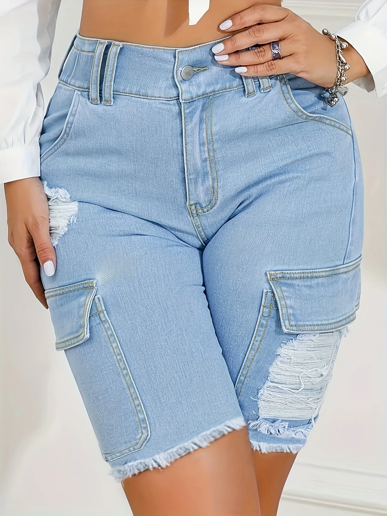 

Street Fashion Ladies Ripped Pocket Fur Edge Tight Slimming Hip Lift Denim Medium Pants Solid Color Summer Street Trend