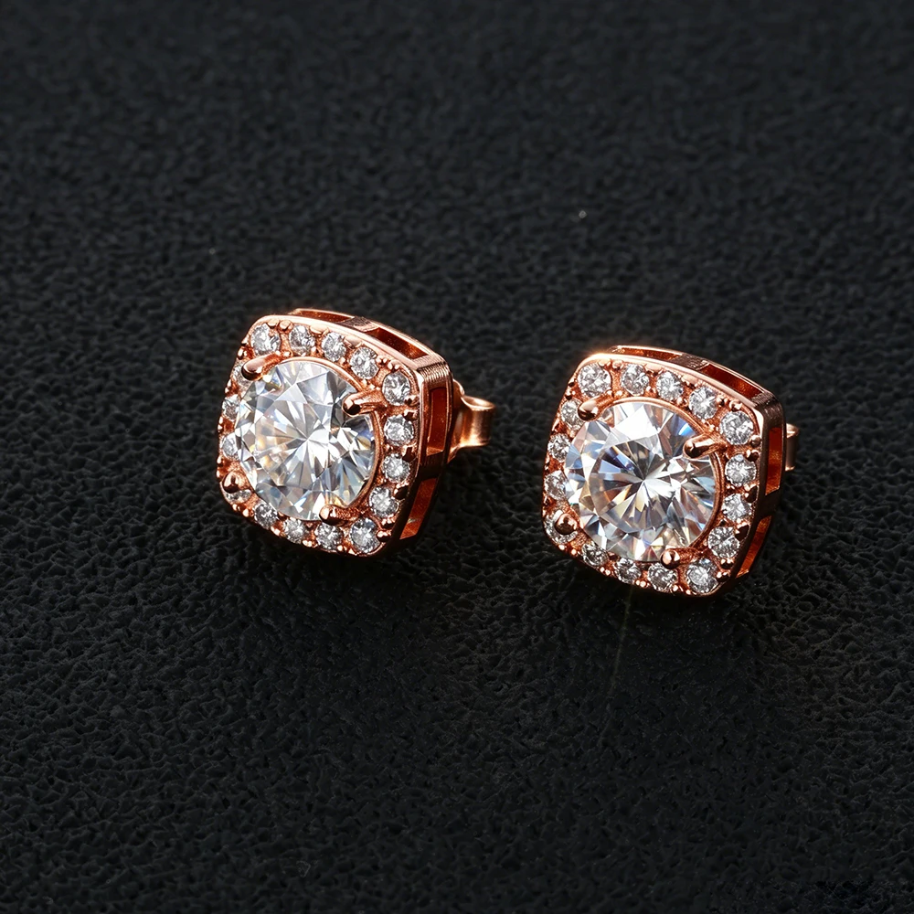 VVS1 Round Moissanite Stud Earrings For Men Women Square Halo Dazzling Ear Studs 925 Sterling Silver Hip Hop Fine Jewelry Gift - view 4