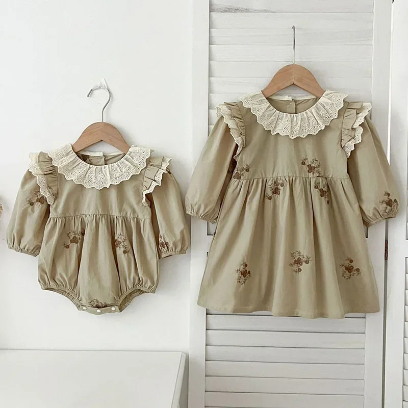 

2024 New Autumn 2-6Yrs Girl Party Dress Long Sleeved Cotton Embroidery Kids Princess Dresses Baby Girl Romper Sister Dress