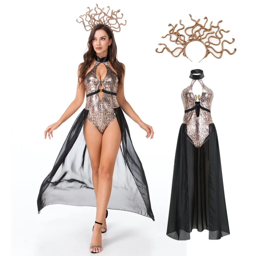 Ancient Greek Myth Medusa Snake Print Siamese Costume Women Sexy Snake Siren Witch Clothes Cosplay Halloween Carnival