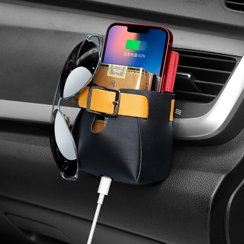 Car Air Vent Storage Bag Air Vent Dashboard Tidy Hanging Organizer Box Hanging Multi-functional Leather Storage Car Accessories