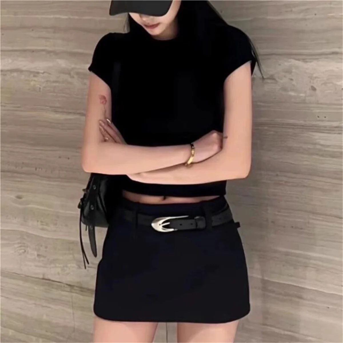 

2024 Summer Black Mini SKirts For Woman Low Rise Short Mini Skirt Kawaii Vintage Clothes Skirts Pockets Cute Skirt With Shorts