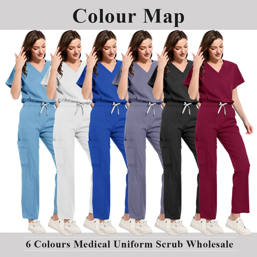 Scrubs Uniform Suit Short Sleeve V-neck Tops+jogger Pants Set Nursing Uniform Women Multicolor Pet Doctor Scrub Medical Workwear