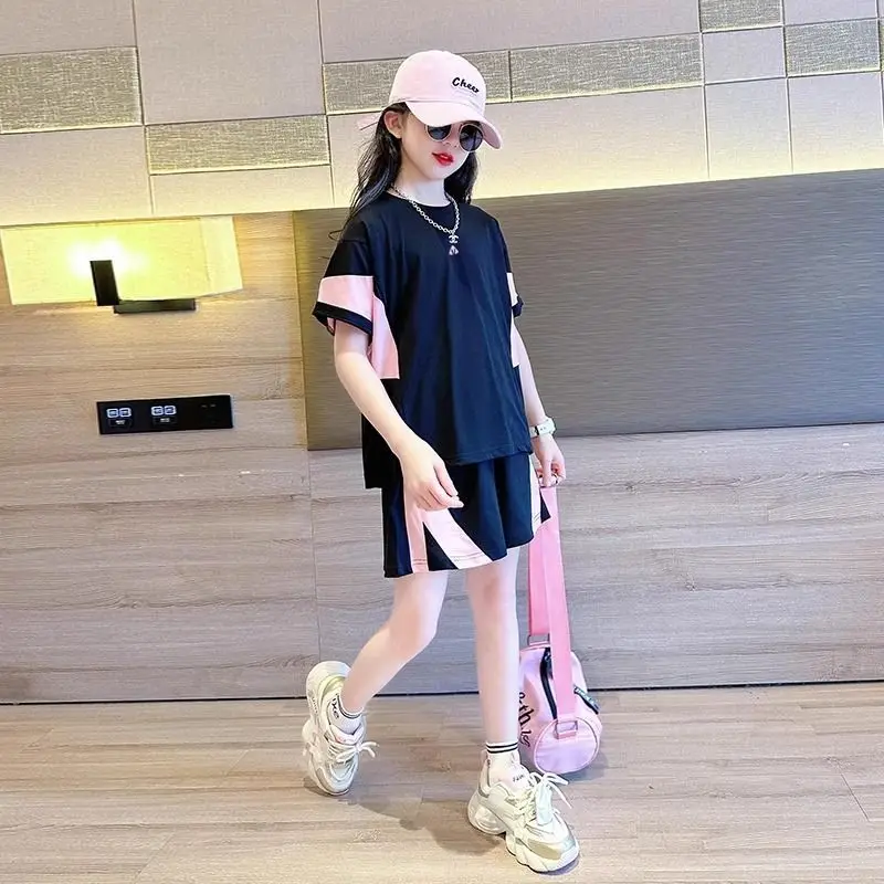 6575 Girls Fashion Breathable Mesh Contrast Color Patchwork Tees+Pants 2pcs Sportsuits 7-14 Years Teenage Kids Clothes Sets