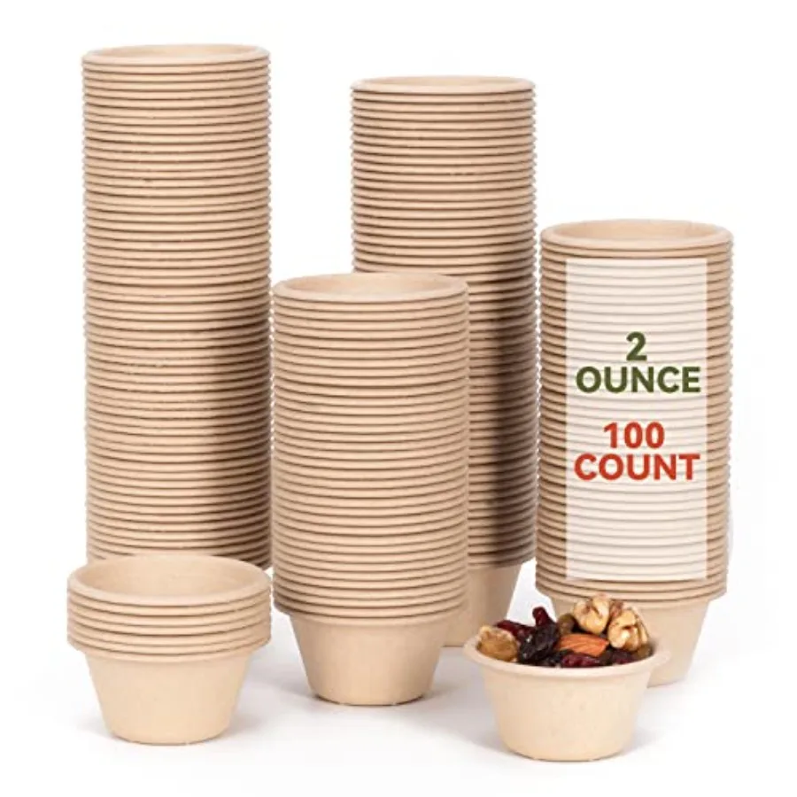 

Disposable Testing Bowls, 100 Pack,,Natural Biodegradable Bagasse Fiber Souffle and Condiment Cups, Sample and Measuring Cups