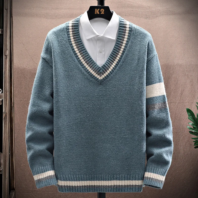 Otoño e Invierno nuevos hombres de moda salvaje casual suelto coreano tejido con cuello en V suéter cómodo de manga larga
