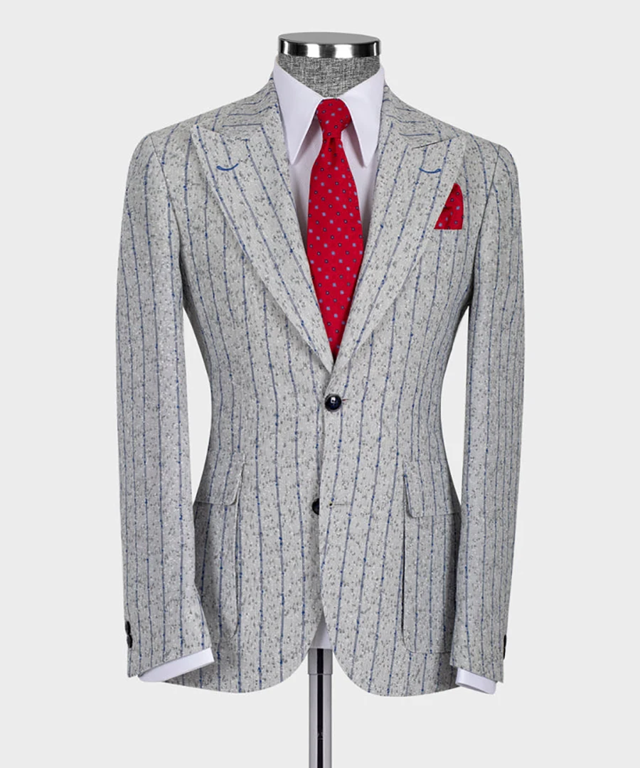 Smokings de marié à rayures gris clair pour hommes, coupe couvertes, revers pointu, olympiques pantalons, manteau de mariage sur mesure, 2 pièces