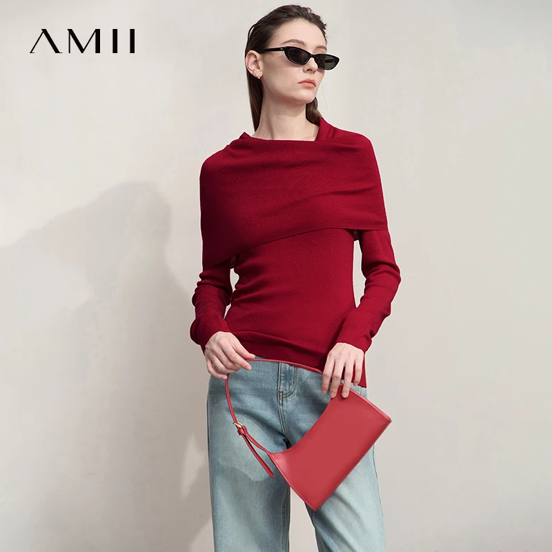 

AMII Women's Sweater 2025 Autumn New Minimalist Slim Solid Color Top Women Long-sleeved Versatile Pullover Tops Ladies 12553075