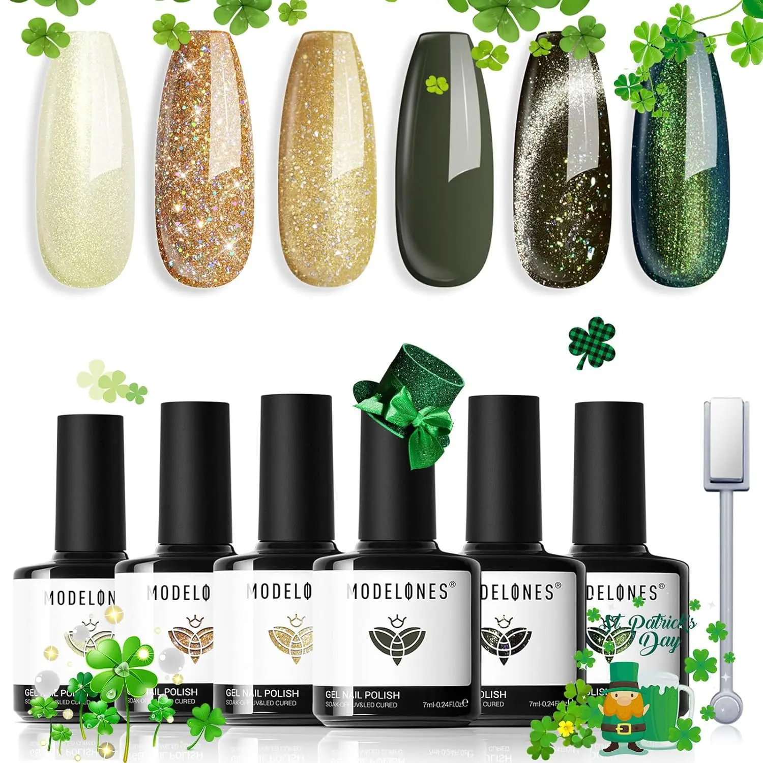 

modelones Gel Nail Polish Set, 6 Colors 2026 Spring Summer Green Gold Yellow Sparkle Reflective Glitter Gel Polish Dark Green 9D