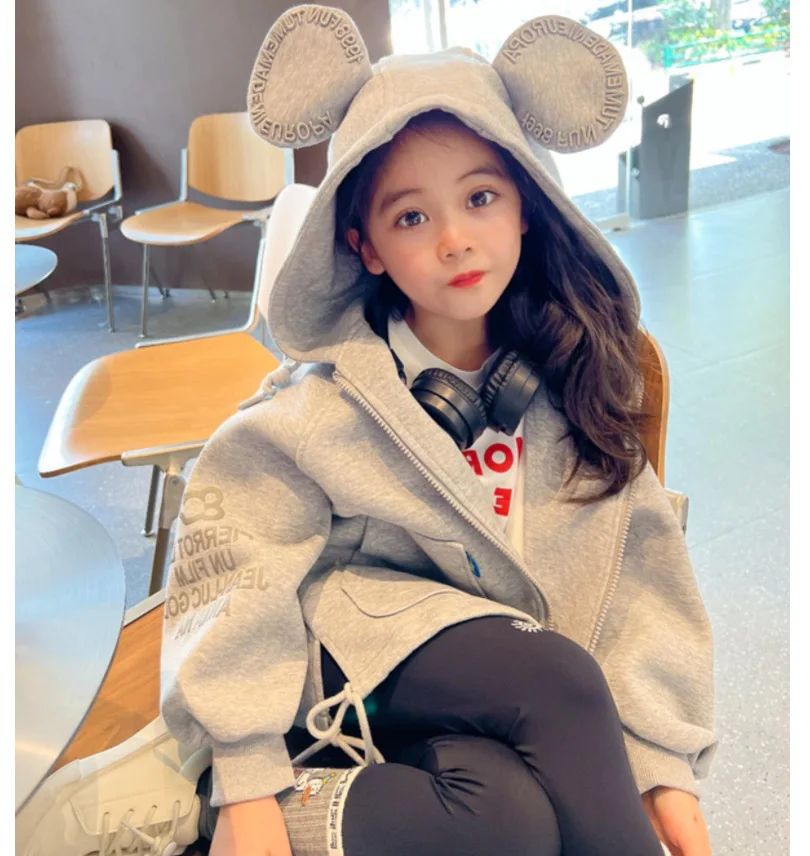 Baby and Girls Cotton Grey Embroidery Cartoon Show Drawstring Zip Sweatshirt Jackets Kids Hoodie Coat Child Outfit Tops 2-8Years