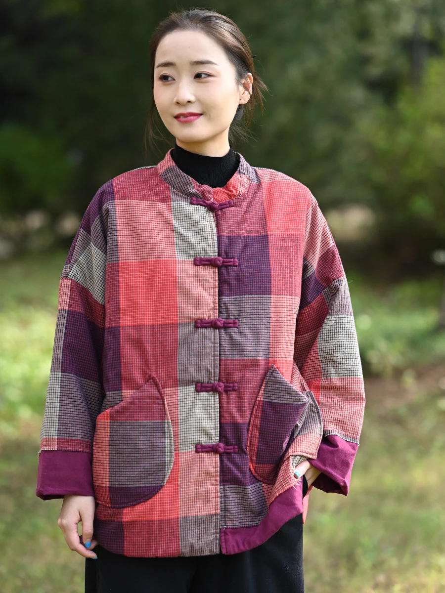 Chinese Style Women Thick Warm Quilted Coats New 2025 Winter Vintage Stand Collar Plaid Pattern Female Cotton Jackets M2056