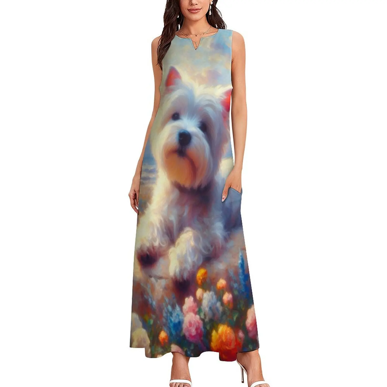 Floral Westie Painting - West Highland Terrier Long Dress clothes Female clothing clothes for women