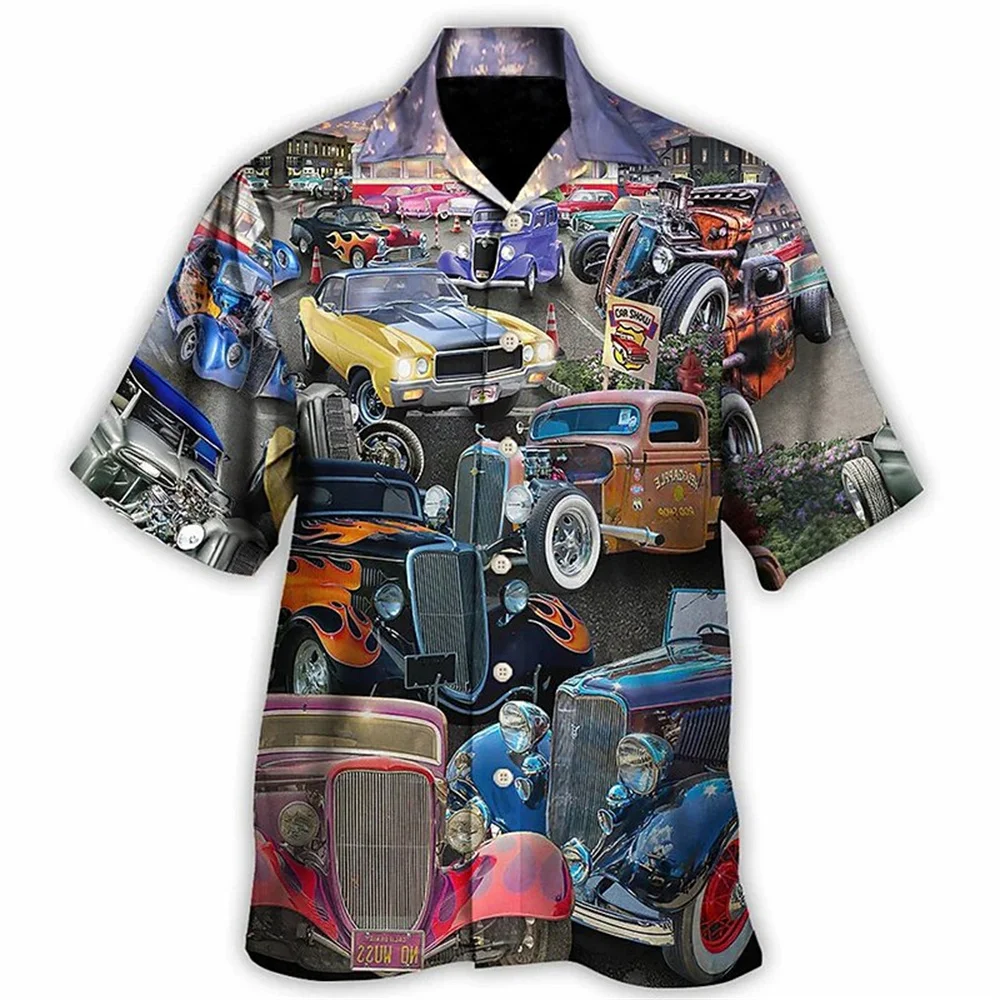 Fashion Cuban Collar Shirt For Men 3d Car Print Summer Casual Short Sleeved Loose Oversized Sweatshirt High Quality Men Clothing