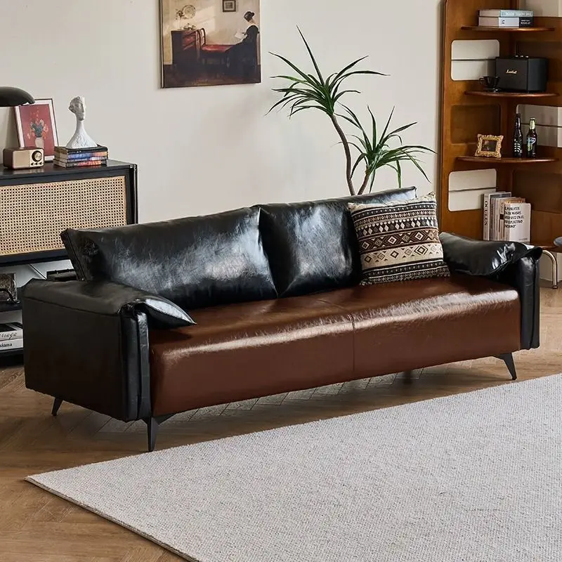

Black Sofa Small Apartment Living Room Modern Simple Apartment Bedroom for Rent Vintage Oil Wax Leather Art Loveseat Sofa