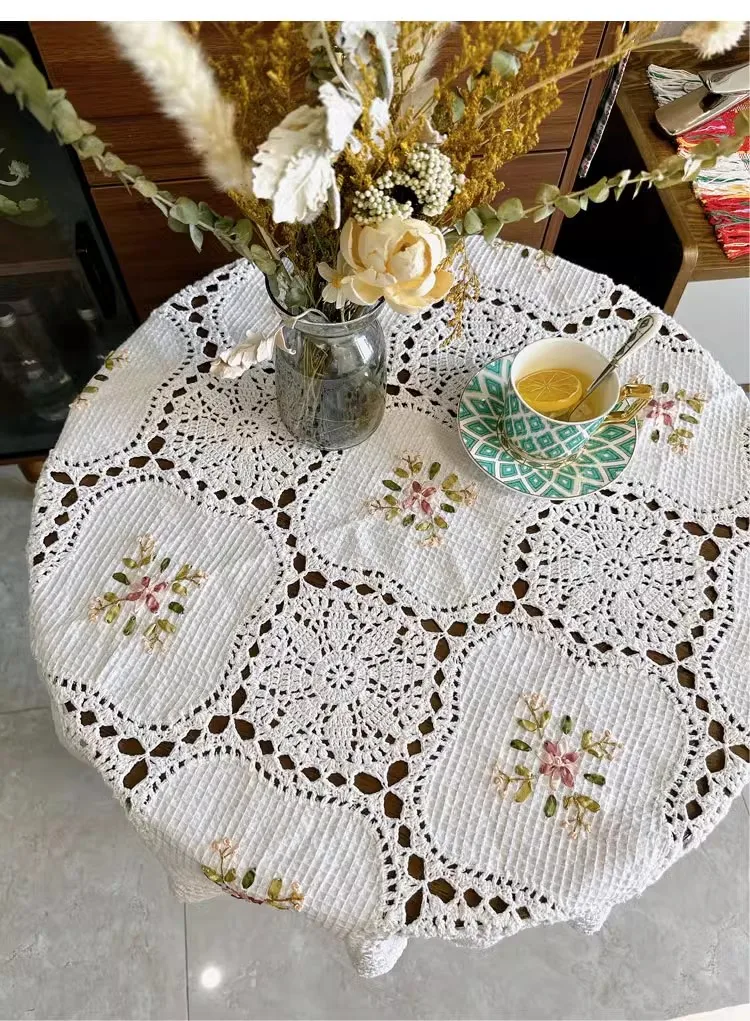 2025 free shipping crochet tablecloth with embroidery flower table coverlay ribbon flowers for home decor cotton lace towel mat