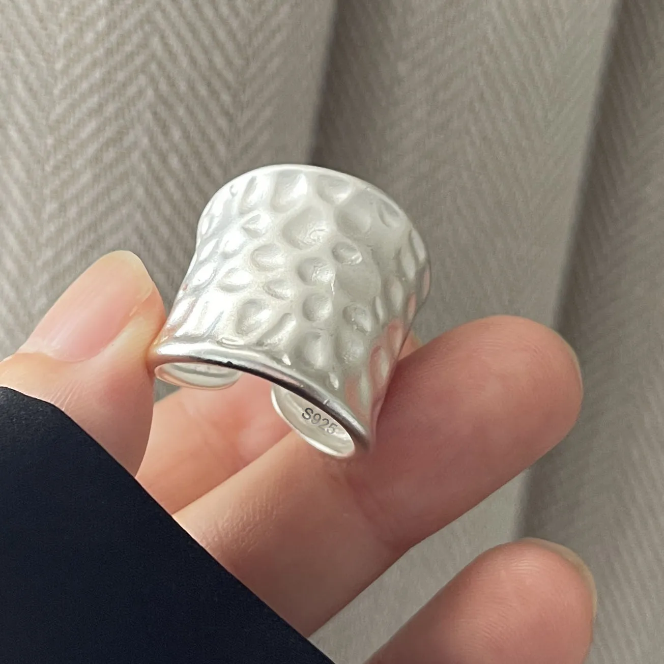 

925 Sterling Silver Rings For Women Geometric Fine Jewelry Finger Adjustable Simple Wide Dots Ring For Party Birthday Gift
