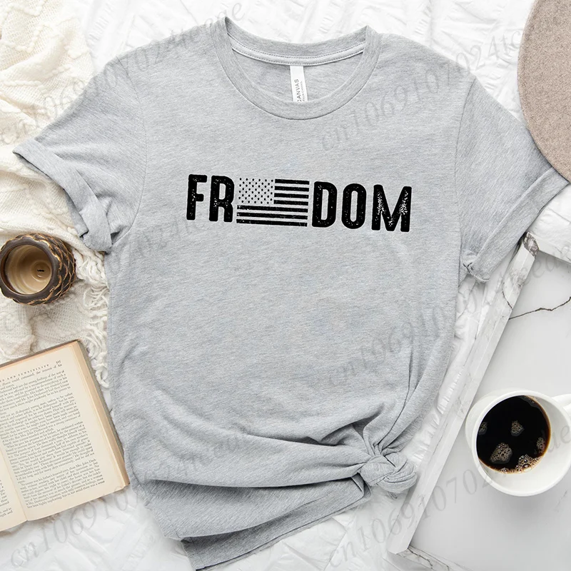 Freedom Flag T-shirt Print T-Shirt Women Clothing Summer Harajuku Short Sleeve Tees Shirts Graphic Y2k Tops Aesthetic Clothing