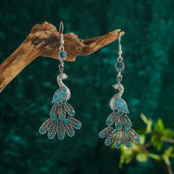 Ethnic Peacock Jhumka Earrings Women Silver Color Geometry Alloy Bohemia Classic CZ Earrings Statement Hangers