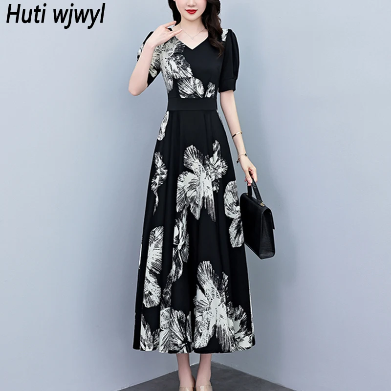Short Sleeve Bodycon Elegant Dress Women Casaul Chic Luxury Party Long Dress 2026 Summer Korean Black Print Vintage V-neck Dress