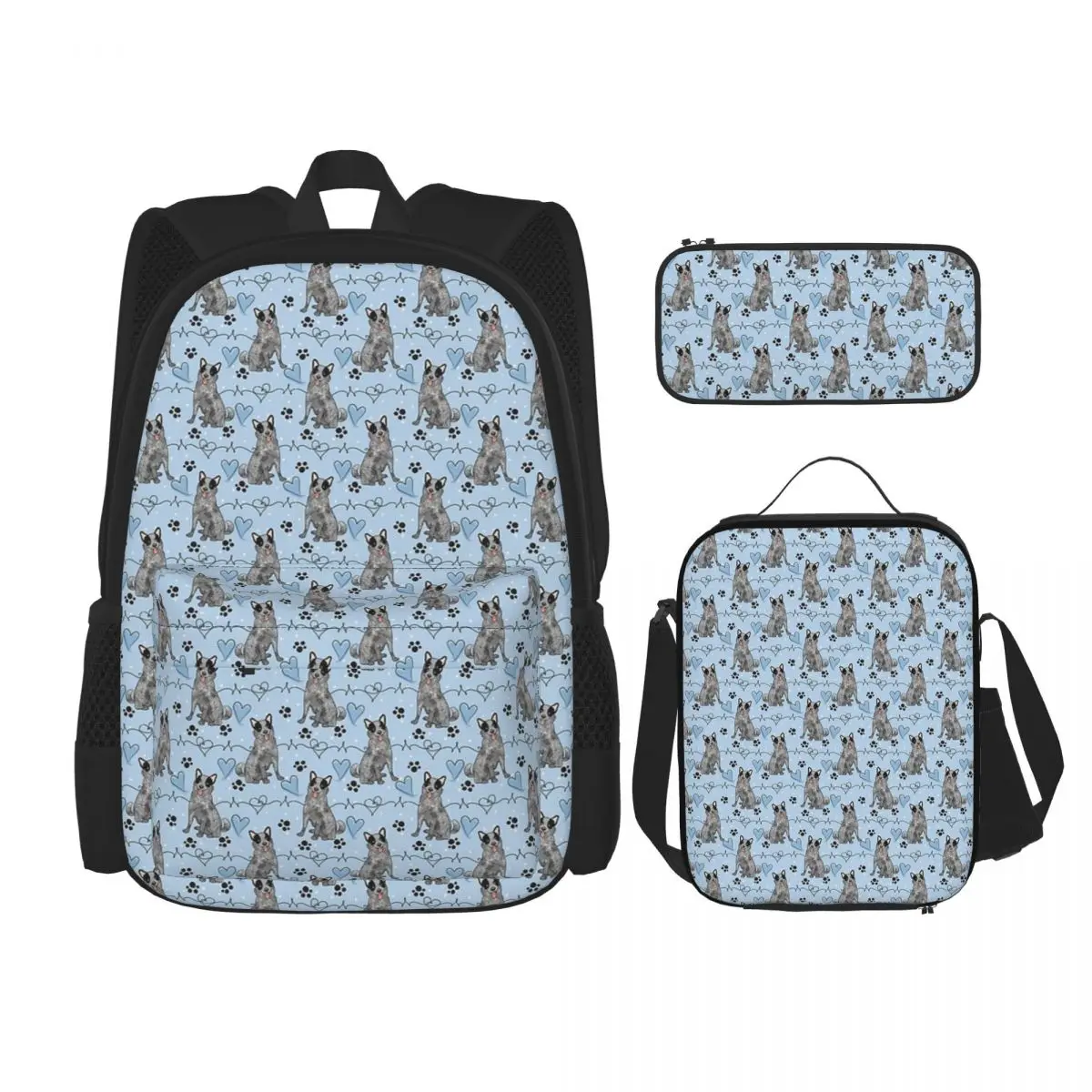 

LOVE Blue Heeler Australian Cattle Dog Backpacks Bookbag Students School Bags Kids Rucksack Lunch Bag Pen Bag Three-Piece Set