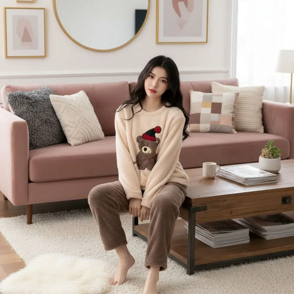 

2pcs/Set Coral Fleece Women's Pajamas Set Warm Thickened Home Clothes Set Large Size Cartoon Bear Round Neck Pajamas Set