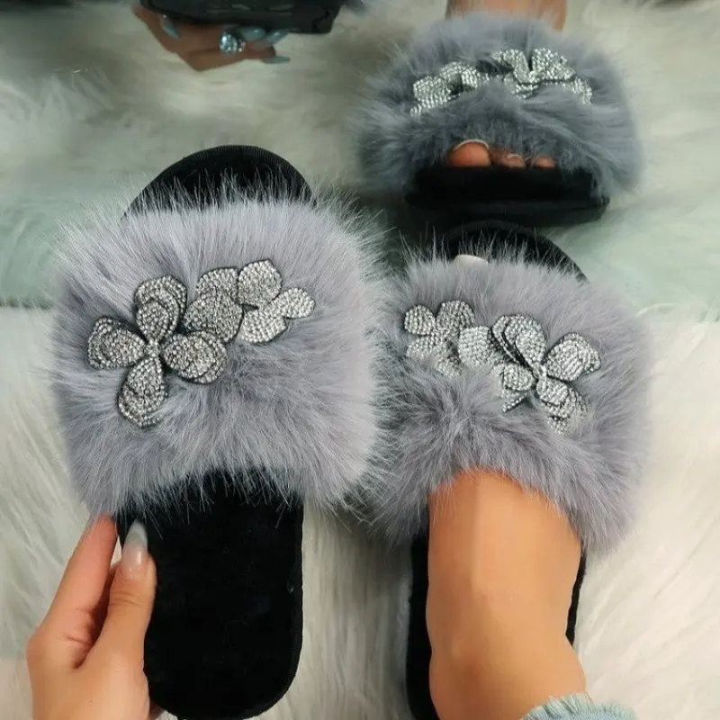 

2023 Fashion Rhinestone Design Women Home Flat Slippers Sexy Open Toe New Home Fur Warm Non-slip Leisure Interior Female Shoes