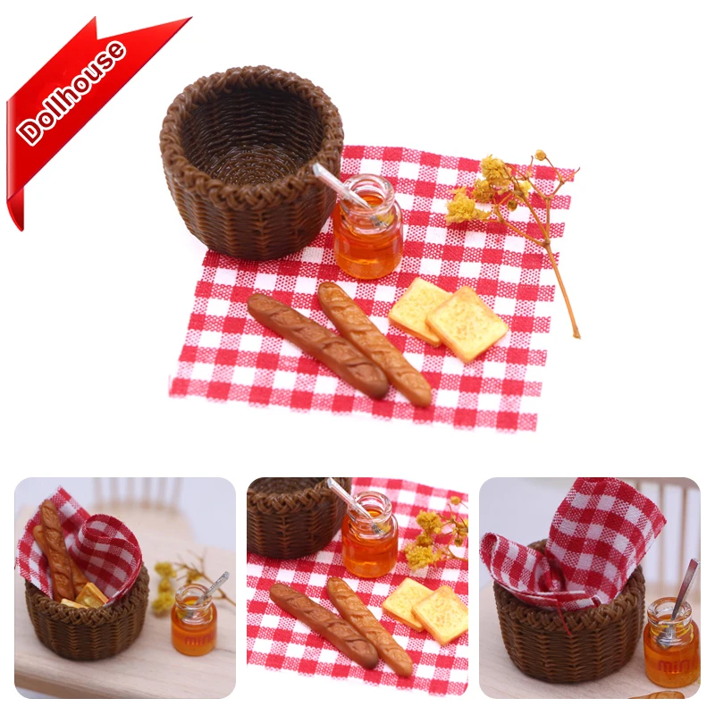 1/12 Casa delle bambole Simulazione Pane Miele Cestino da picnic Set Casa delle bambole Mini Decorazione alimentare Casa delle bambole Accessori da cucina