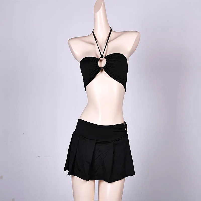 Seksowne czarne bikini damskie Solid Halter Ring Halter Cross Cover Up 2-częściowy strój kąpielowy 2024 Strój kąpielowy Plisowana mini spódniczka