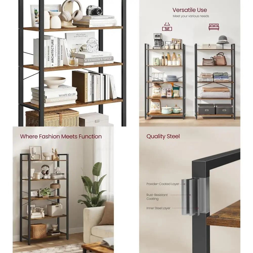 

5-Shelf Industrial Style Bookcase, Steel Frame, Rustic Brown & Ink Black, 11.8x31.5x60.2, for Living Room, Home Office, Study