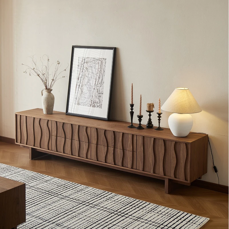 Medieval wabi-sandy wind solid wood TV cabinet coffee table combination, high-end home black walnut