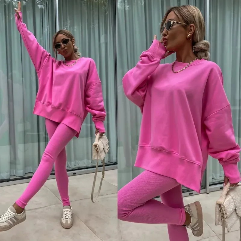 Women Sweatshirt 2 Piece Set Loose Casual Pullovers Oversized Slit O-neck Tops Yoga Ribbed Leggings Fashion Street Outfits