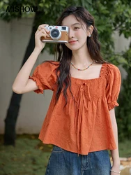 MISHOW Retro 100 Cotton Square Neck Blouses Female 2024 Summer French Loose Tops Chest Elastic Tie Short Sleeve Top MXD29X1543