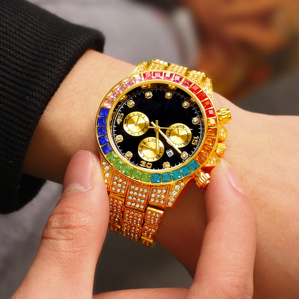 Rhinestone Watch Women Men Luxury Full Micro Pave Iced Out Colorful stones Cubic Zirconia Stainless Steel 3 Eyes Watches Men