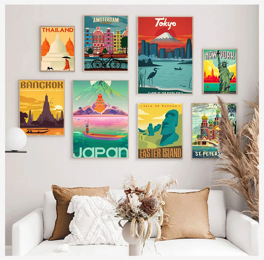 Vintage Landscape Bangkok Tel Aviv Europe World City Tour Travel Scenery Wall Art Posters and Prints White Kraft Paper for Room