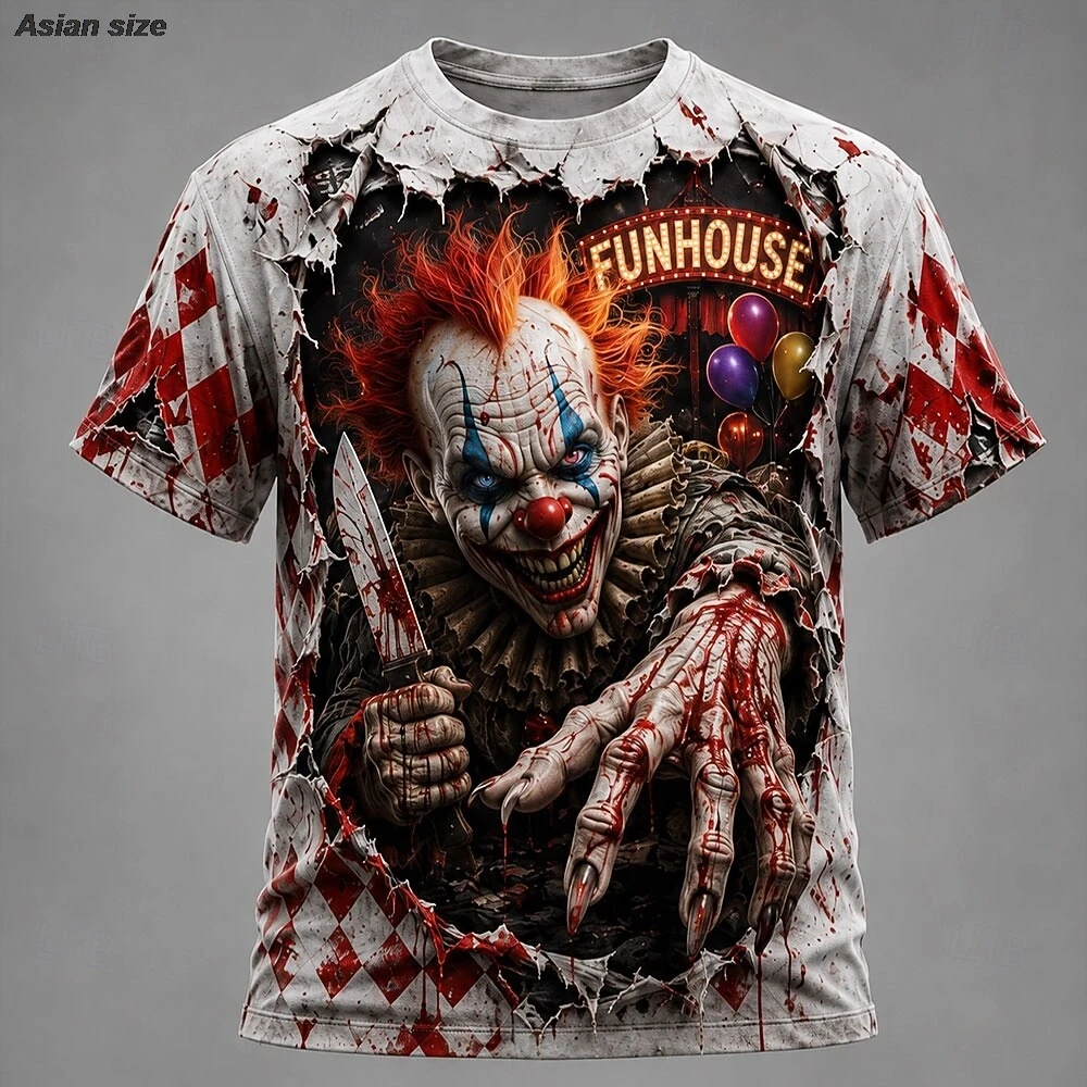 2026 Halloween Men's Optical Illusion Creepy Clown Clown Vintage T Shirts Short Sleeve T shirt 3D Print Crew Neck Shirts