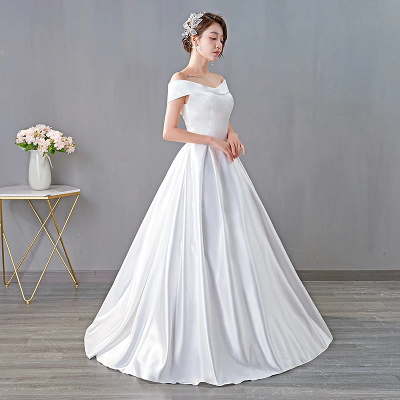 AnXin SH – robe de mariée en satin blanc, tenue de bal à lacets, col bateau, sans manches, style rétro français