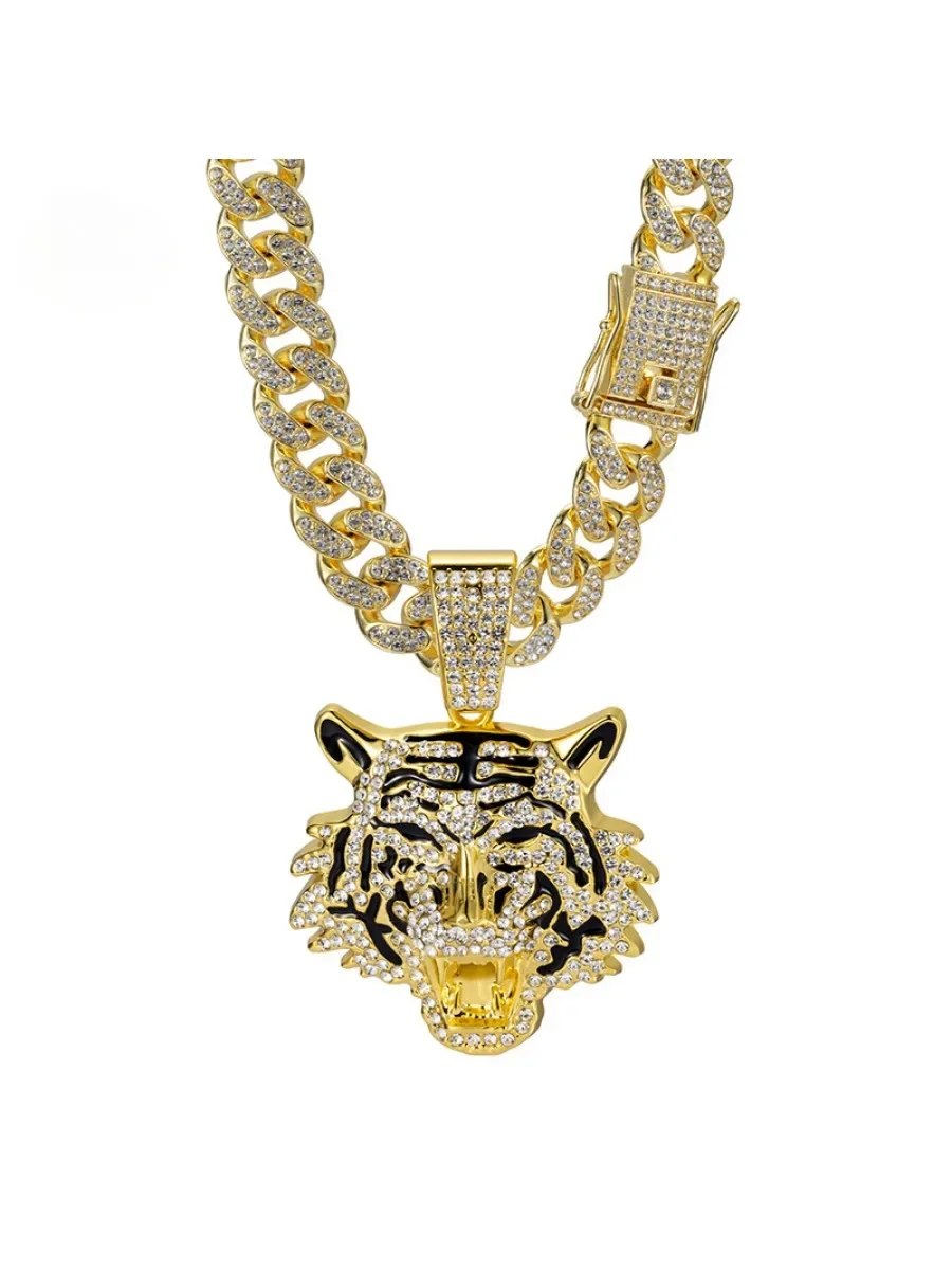 

Cuban necklace alloy full diamond tiger head pendant hip hop street style jewelry holiday gift