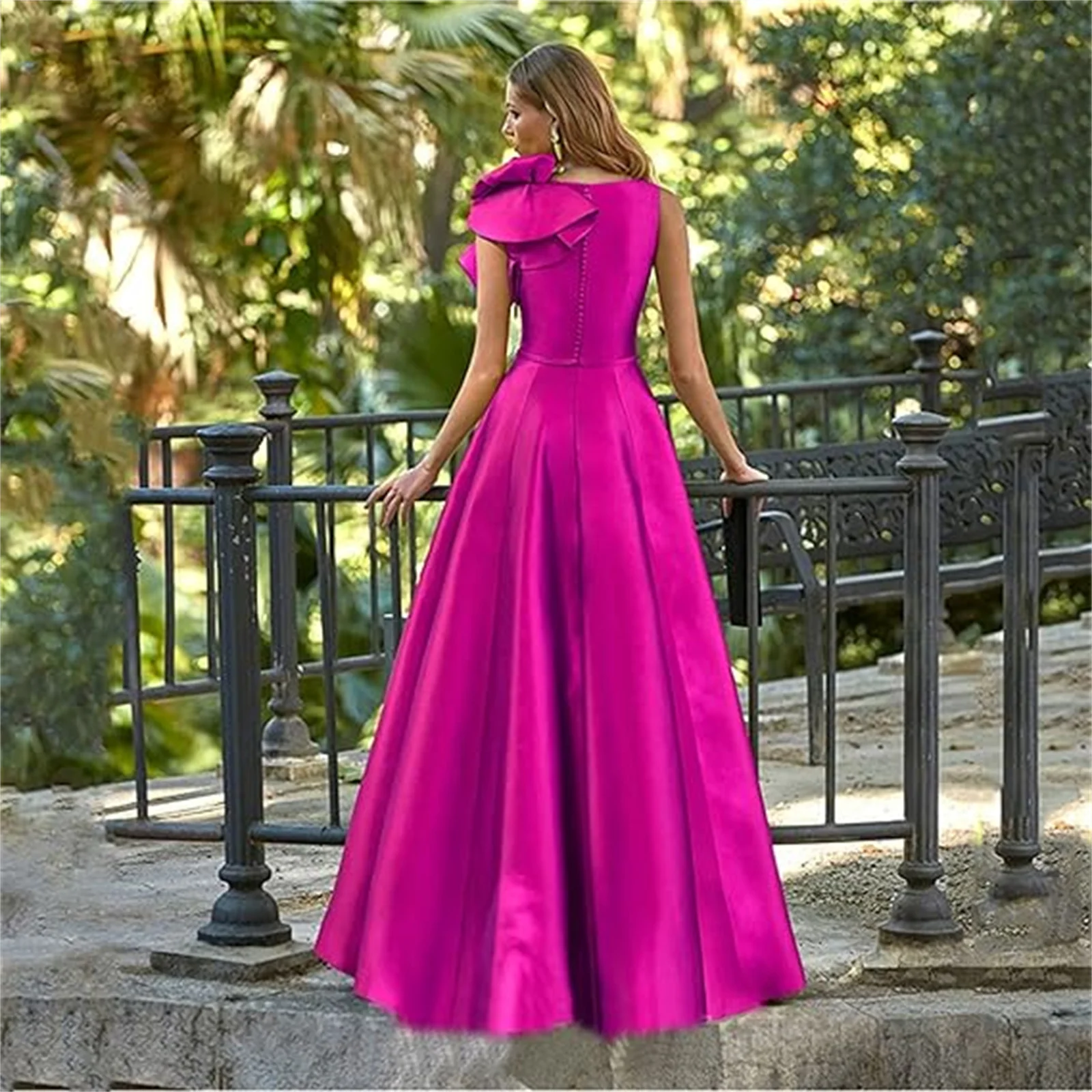Personalizado fucsia elegante una línea larga madre de la novia vestido profundo cuello en V sin mangas hombro fruncido vestidos de fiesta de noche de graduación