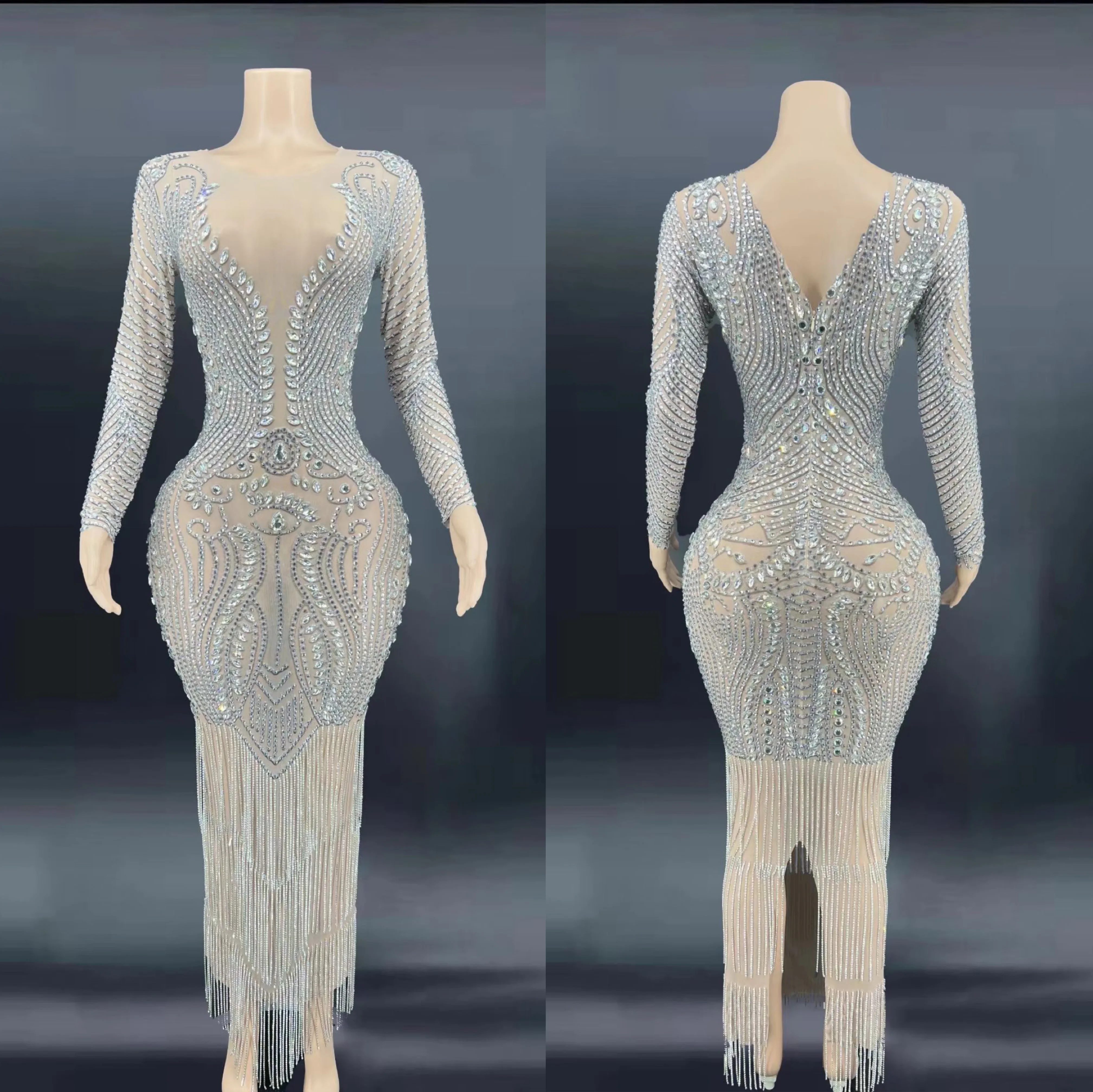 

Women Nude Shining Rhinestones Crystal Long Sleeves Tassel Sexy Dressy Evening Banquet Celebrity Wear Concert Stage Costumes