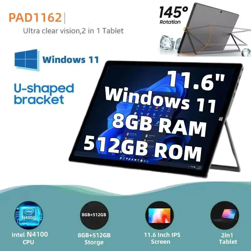 가장 저렴한 타입-C 11.6인치 윈도우 11 태블릿 8GB 램 512GB SSD 롬 64비트 인텔 셀러론 N4100 CPU 1920x1080 IPS 2xUSB 3.0