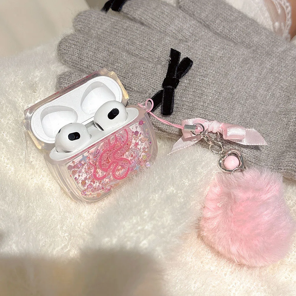 3D Pink Snake Glitter Sequin Happy New Year 2025 Earphone Case Plush Pendant For Apple Airpods 1 2 3 4 Pro 2 Charging Box Cover