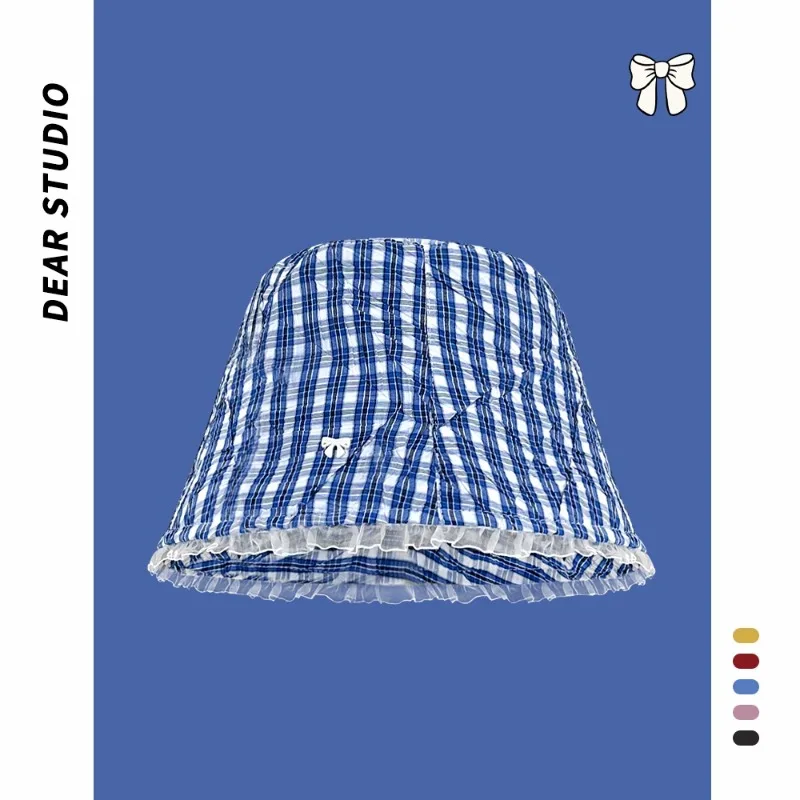 

Korean Version of The New Lace Edge Bow Plaid Decorative Bucket Hat Summer Sweet Trend Versatile Sunshade Sun Cap for Women's