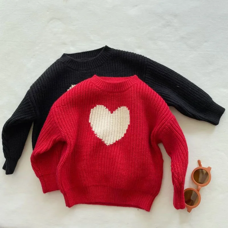 

Children's Love Round Neck Sweater for Boys' 2024 Autumn New Girls Cute Pullover Korean Casual Loose Long Sleeve Knitted Tops