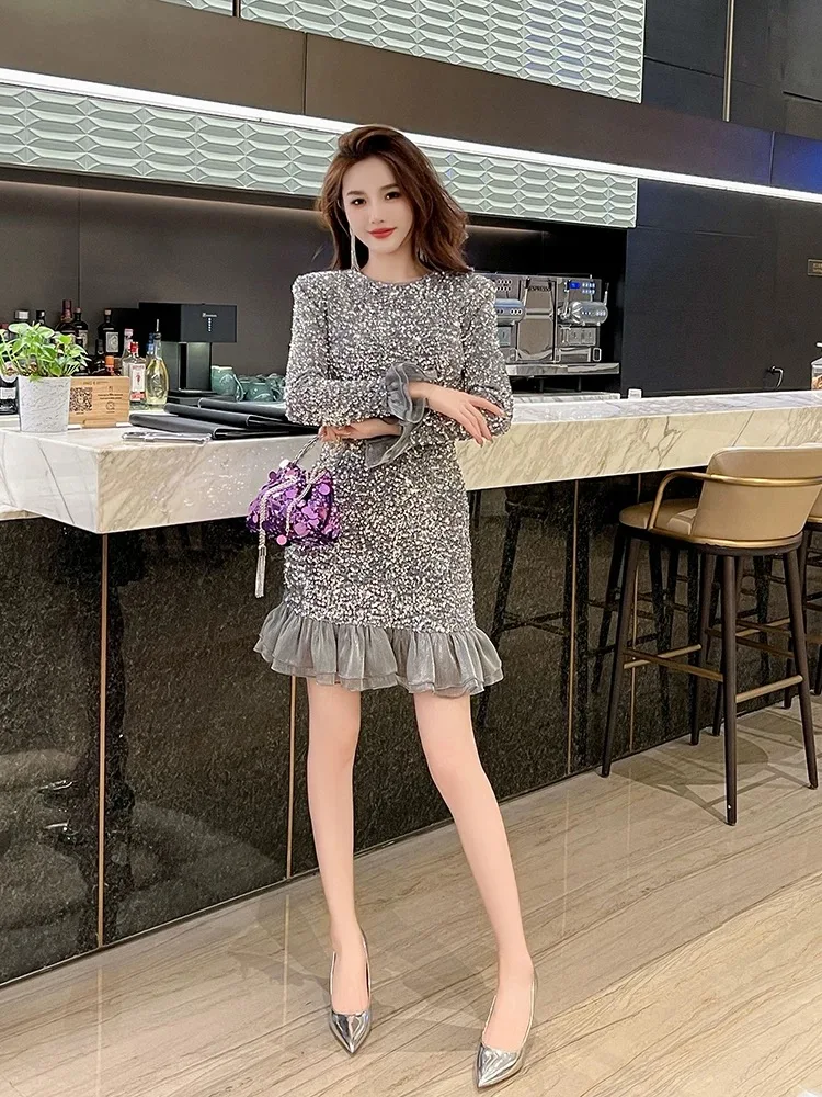 

Sequined Lady Elegant Dress Winter Ruffles Dinner Banquet Women Luxury Dresses Female Korea Style Sexy Chaming Dress Party Dress