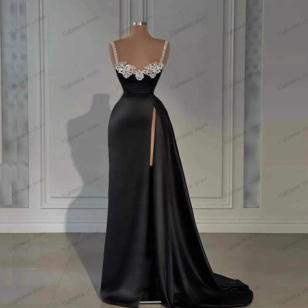 Einfache Abendkleider Satin scheide Meerjungfrau elegantes Ballkleid sexy hoch geschlitzte Spaghetti träger boden lange Vestidos de Gala