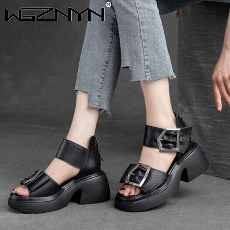 Designerskie ZIP z prawdziwej skóry eleganckie luksusowe damskie buty na platformie z odkrytymi palcami na koturnie damskie sandały autentyczne