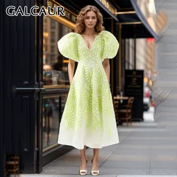 GALCAUR Hit Color Women Dress V Neck Puff Sleeve High Waist Tunic A Line Embroidery Casual Summer Pleated Maxi Dress Female 2025