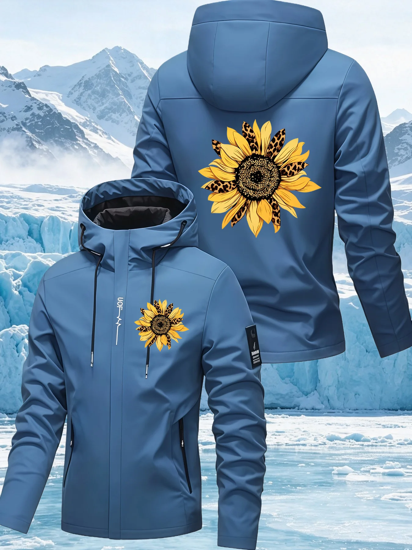 Men's Leopard Sunflower Print Hooded Jacket – Outdoor Hooded Windbreaker, Waterproof & Windproof, Spring/Autumn Workwear Coat