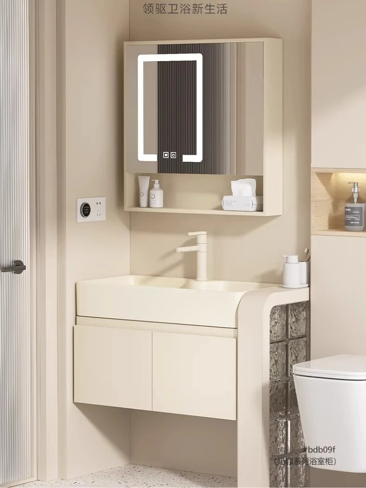 

Cream wind solid wood bathroom cabinet combination bathroom small apartment washbasin ceramic integrated washbasin