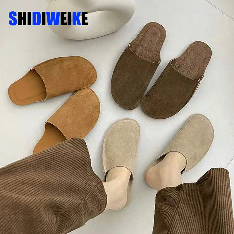 

SDWK Artifical Suede Leather Mule Slides Women Retro Concise Half Slippers Ladies Comfortable Outdoor Indoor Birken Shoes AD3632